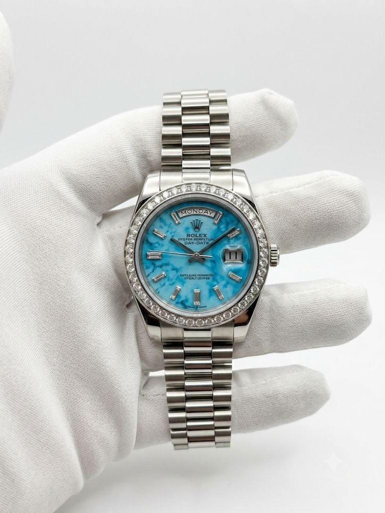 Rolex Day-Date Style Luxury Watch – Silver Tone, Turquoise Dial & Diamond-Style Bezel