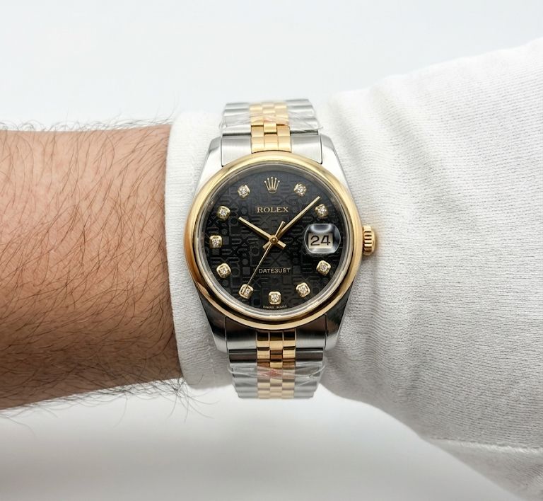 Rolex Datejust Style Luxury Watch – Two-Tone Gold & Silver, Black Dial & Diamond-Style Markers