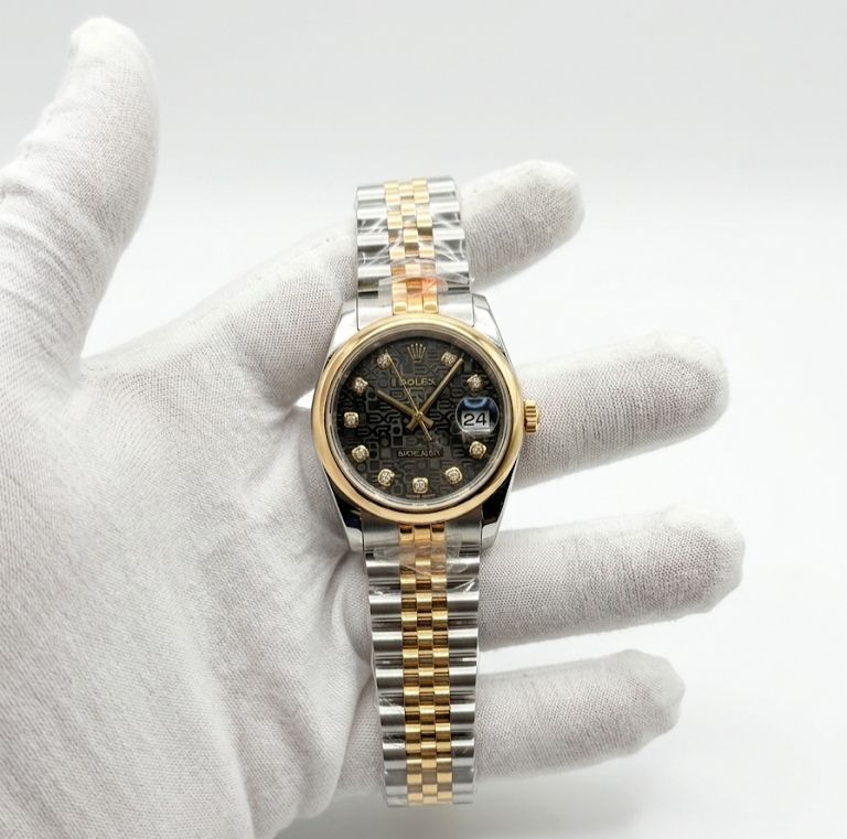 Rolex Datejust Style Luxury Watch – Two-Tone Gold & Silver, Black Dial & Diamond-Style Markers