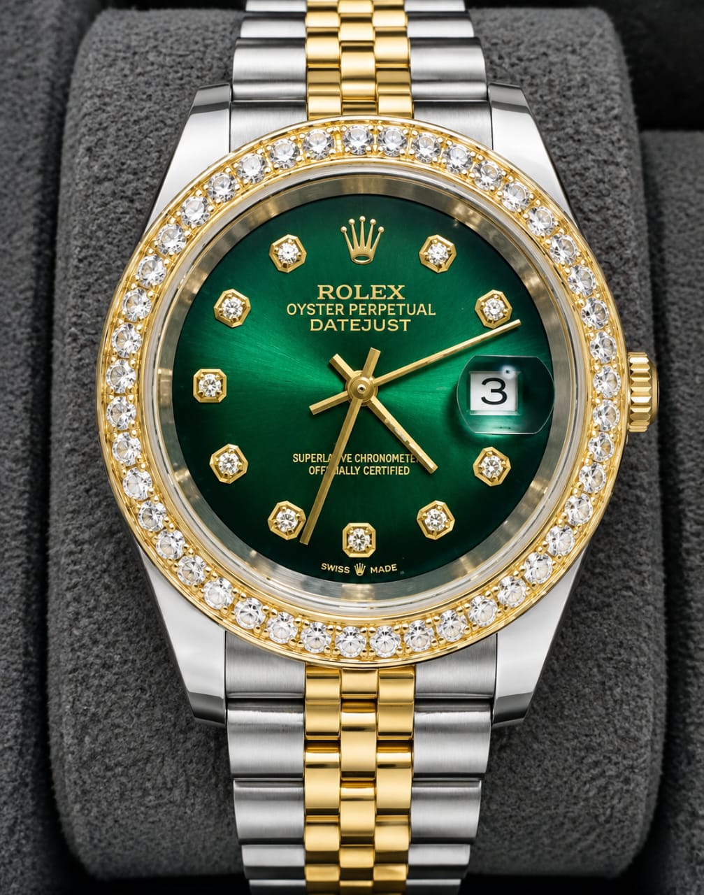 Luxury Green Dial Two-Tone Rolex-Inspired Watch with Crystal Bezel