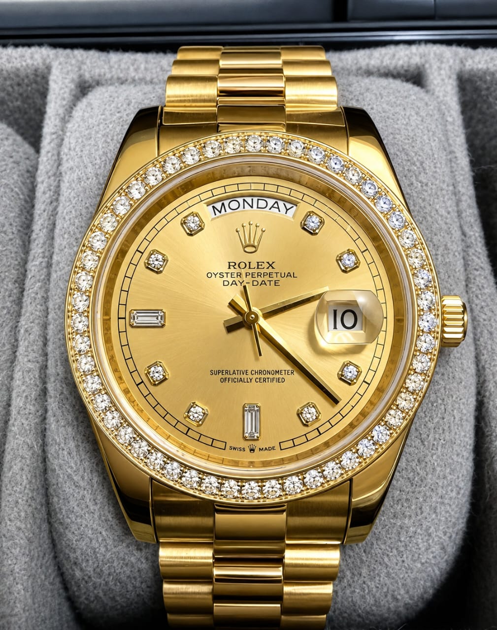 Luxury Gold-Tone Day-Date Watch with Crystal-Set Bezel & Champagne Dial