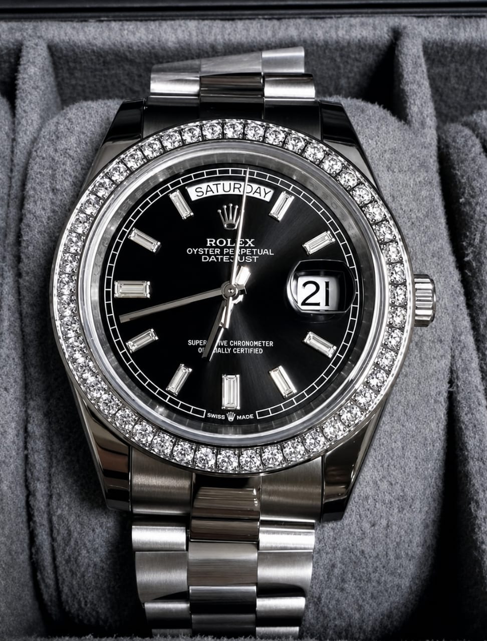 Luxury Black Dial Watch with Crystal-Set Bezel & Stainless Steel Bracelet