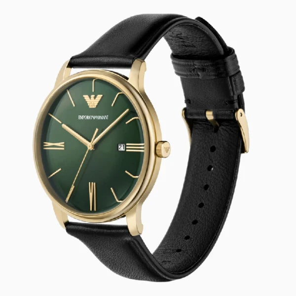 Emporio Armani Men’s Quartz Black Leather Strap Green Dial 42mm Watch AR11601
