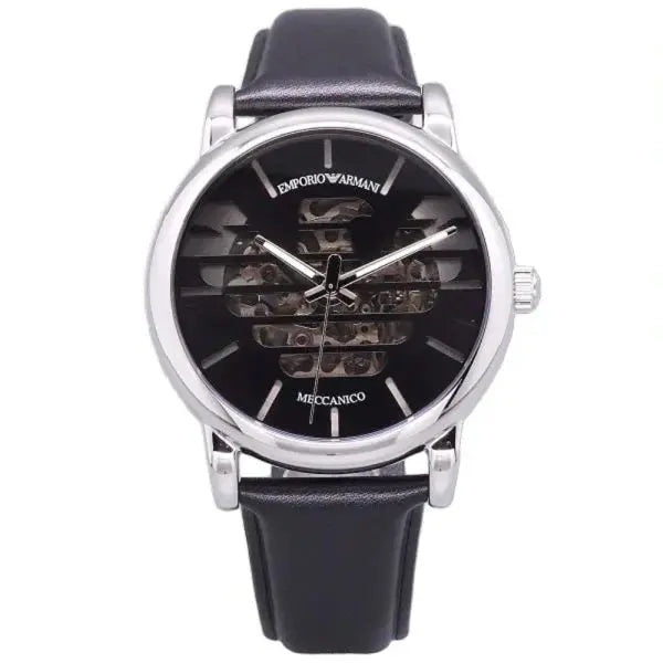Emporio Armani Men’s Automatic Black Leather Strap Black Dial 43mm Watch AR60040