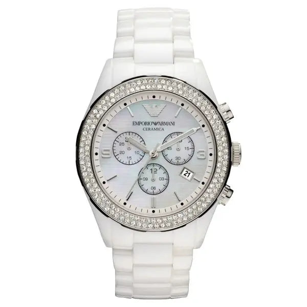 Emporio Armani Women’s Chronograph Quartz White Ceramic Chain Mother Of Pearl Dial 43mm Watch AR1456