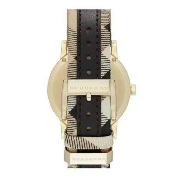 Burberry Men’s Swiss Made Quartz Black Check Stamped Leather Strap Gold Dial 38mm Watch BU9032