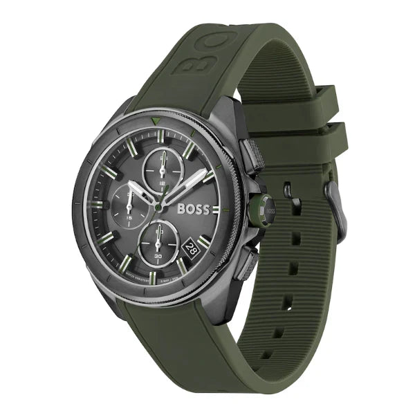 Hugo Boss Men’s Quartz Green Silicone Strap Grey Dial 44mm Watch 1513952