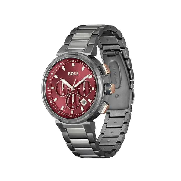 Hugo Boss Men’s Chronograph Quartz Gunmetal Stainless Steel Red Dial 44mm Watch 1514000