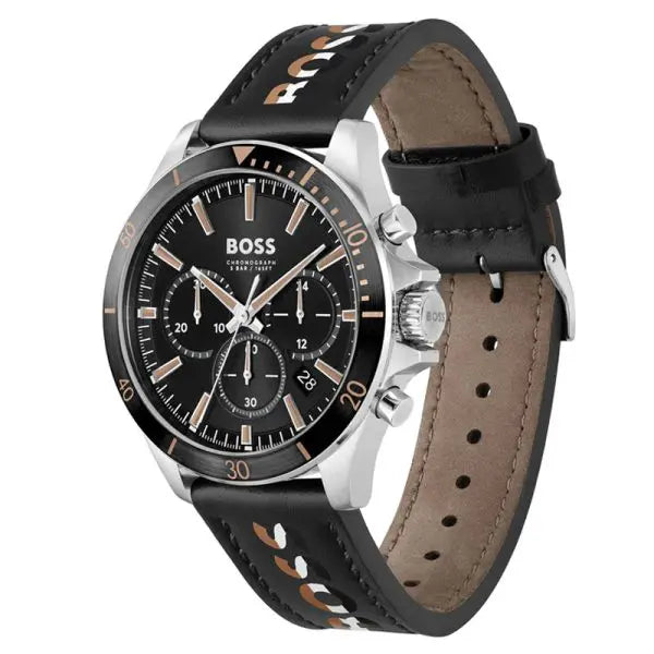 Hugo Boss Men’s Chronograph Quartz Black Leather Strap Black Dial 45mm Watch 1514121