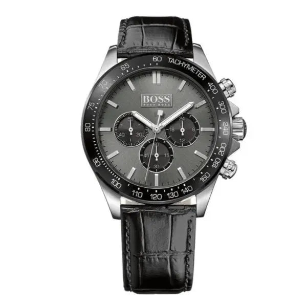 Hugo Boss Men’s Chronograph Quartz Black Leather Strap Grey Dial 44mm Watch 1513177