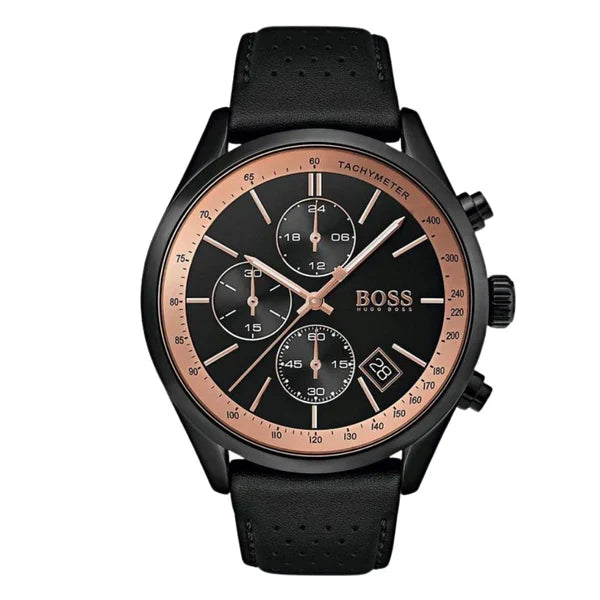 Hugo Boss Men’s Quartz Lather Strap Black Dial 44mm Watch 1513550