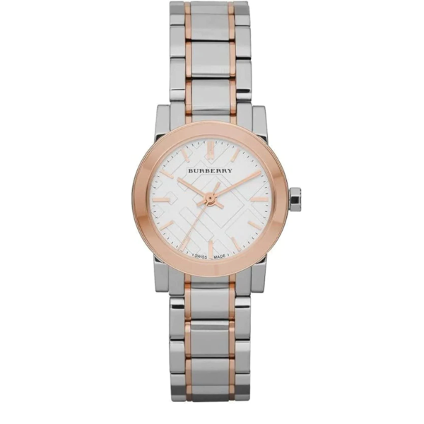 Burberry Ladies Swiss Made Two-Tone Stainless Steel Silver Dial 26mm Watch BU9205