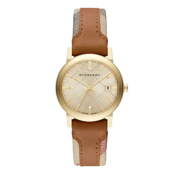 Burberry Women’s Swiss Made Leather Strap Gold Dial 34mm Watch BU9133