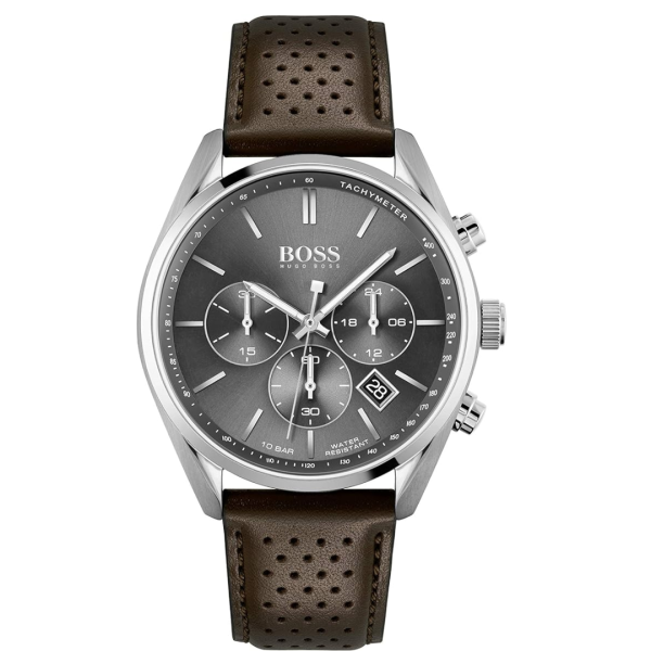 Hugo Boss Men’s Quartz Leather Strap Gray Dial 44mm Watch 1513815