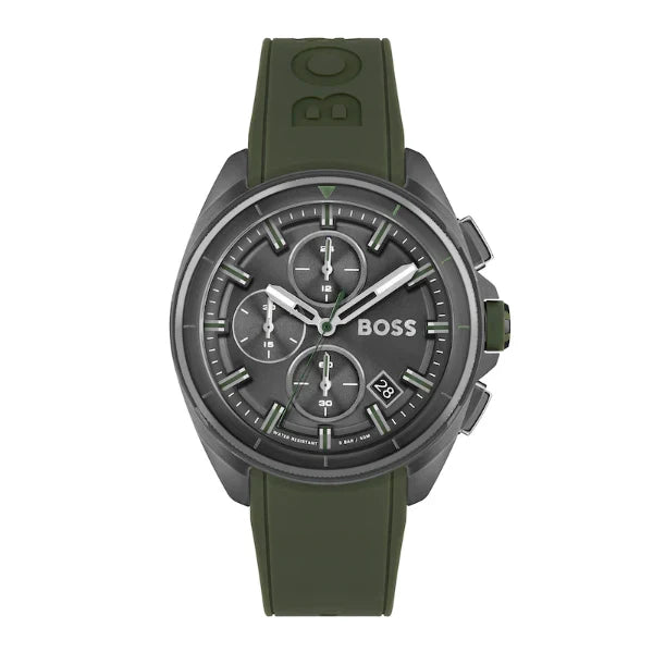 Hugo Boss Men’s Quartz Green Silicone Strap Grey Dial 44mm Watch 1513952
