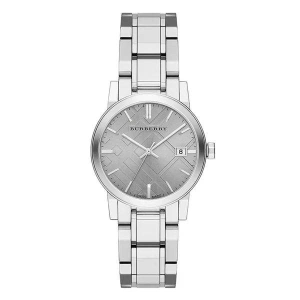 Burberry Women’s Swiss Made Quartz Silver Stainless Steel Grey Check Stamped Dial 34mm Watch BU9143
