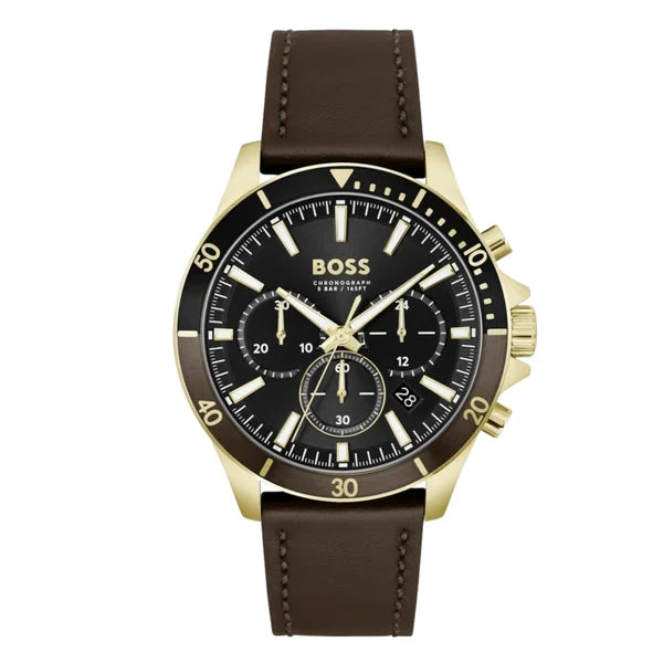 Hugo Boss Men’s Quartz Brown Leather Strap Black Dial 45mm Watch 1514100