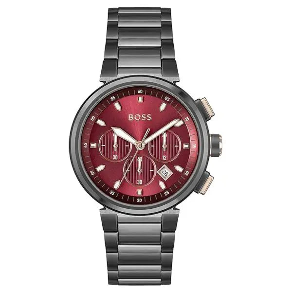 Hugo Boss Men’s Chronograph Quartz Gunmetal Stainless Steel Red Dial 44mm Watch 1514000