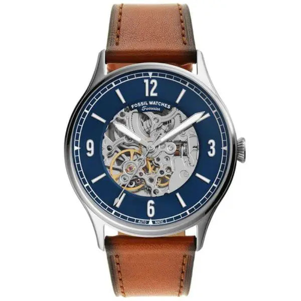 Fossil Men’s Automatic Brown Leather Strap Blue Skeleton Dial 42mm Watch ME3179