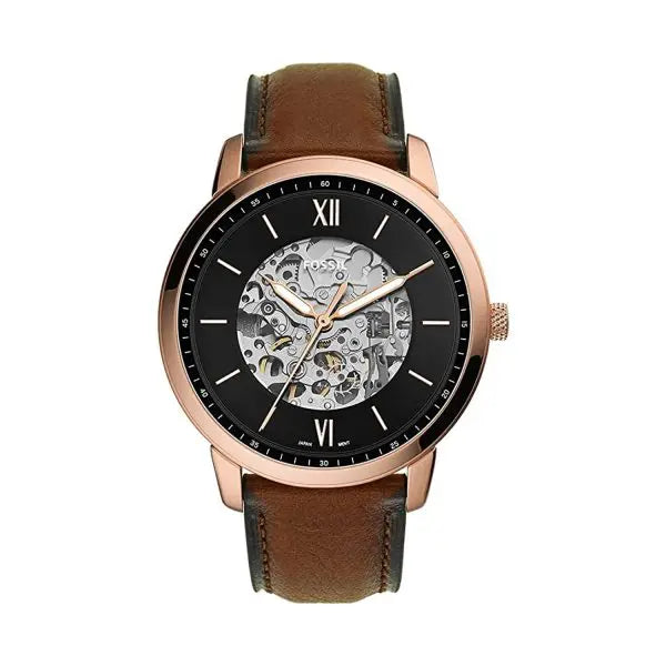 Fossil Men’s Automatic Brown Leather Strap Black Skeleton Dial 44mm Watch ME3195