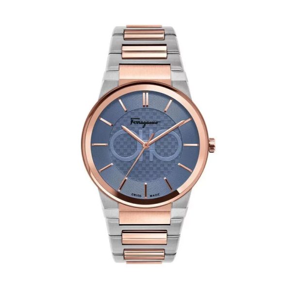 Ferragamo Swiss Made Men’s Quartz Two Tone Stainless Steel Blue Dial 41mm Watch SFHP007-20