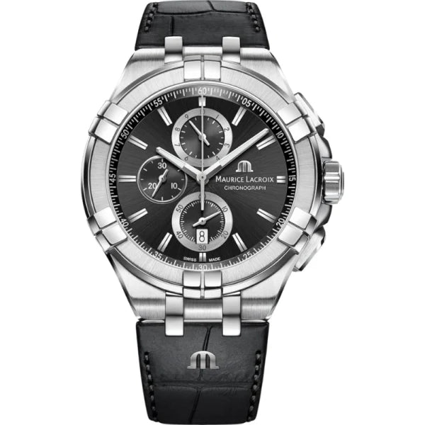 Maurice Lacroix Men’s Quartz Swiss Made Black Leather Strap Black Dial 44mm Watch AI1018-SS001-330-1