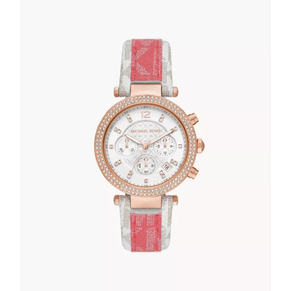 Michael Kors Women’s Chronograph Quartz Pink & White PVC Strap White Dial 39mm Watch MK6951