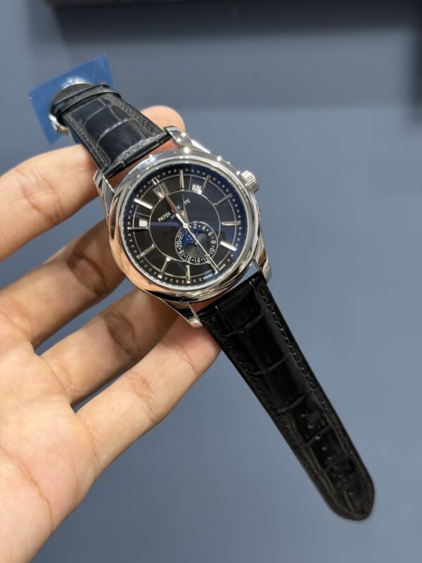 NEW COLLECTION MOON PHASE SILVER CASE WITH BLACK DIAL & BLACK LEATHER STRAP