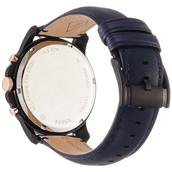 Fossil Men’s Chronograph Quartz Blue Leather Strap Black & Blue Dial 44mm Watch FS5061