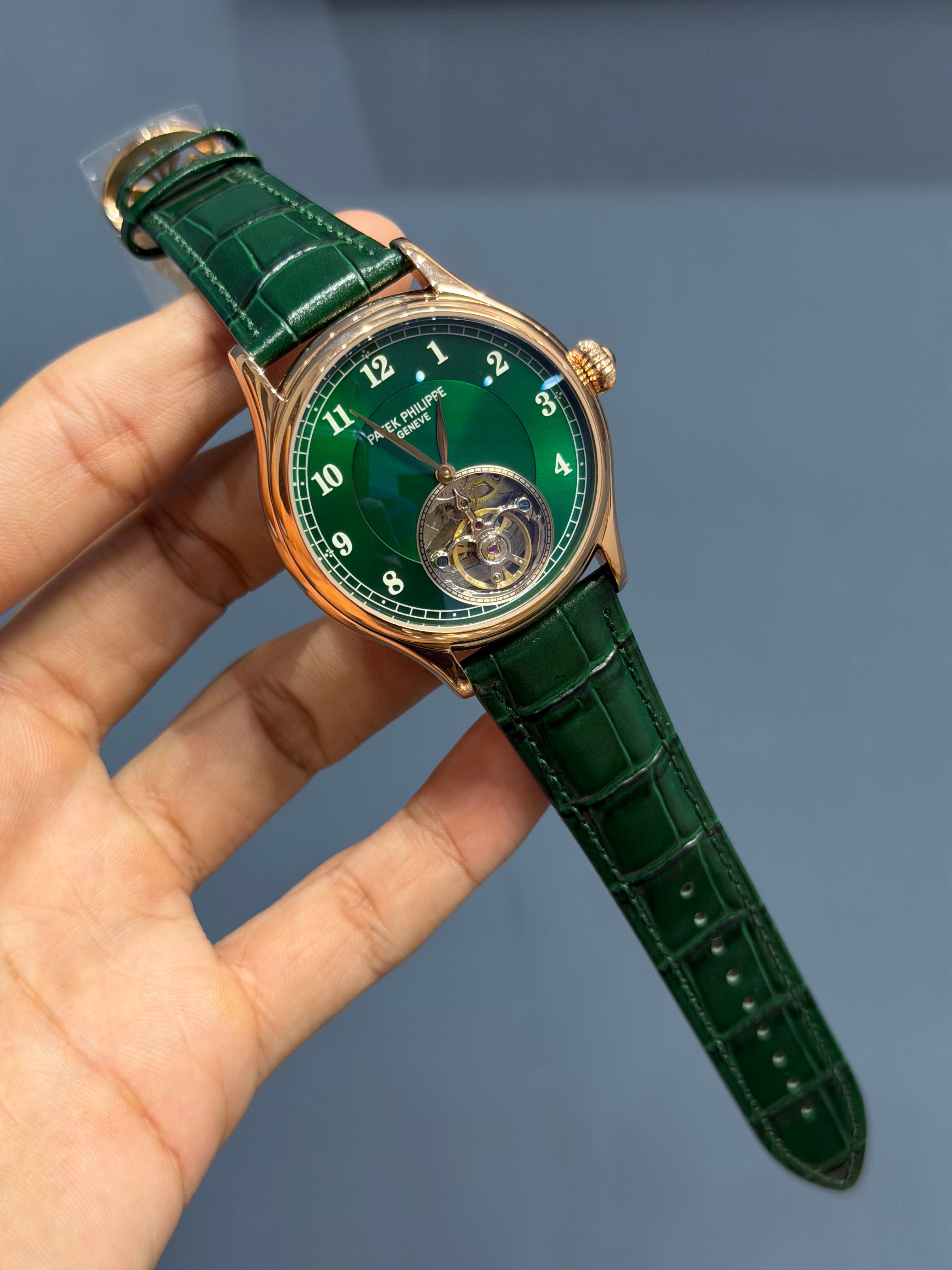 NEW COLLECTION TOURBILLON ROSE CASE WITH GREEN DIAL & GREEN LEATHER STRAP