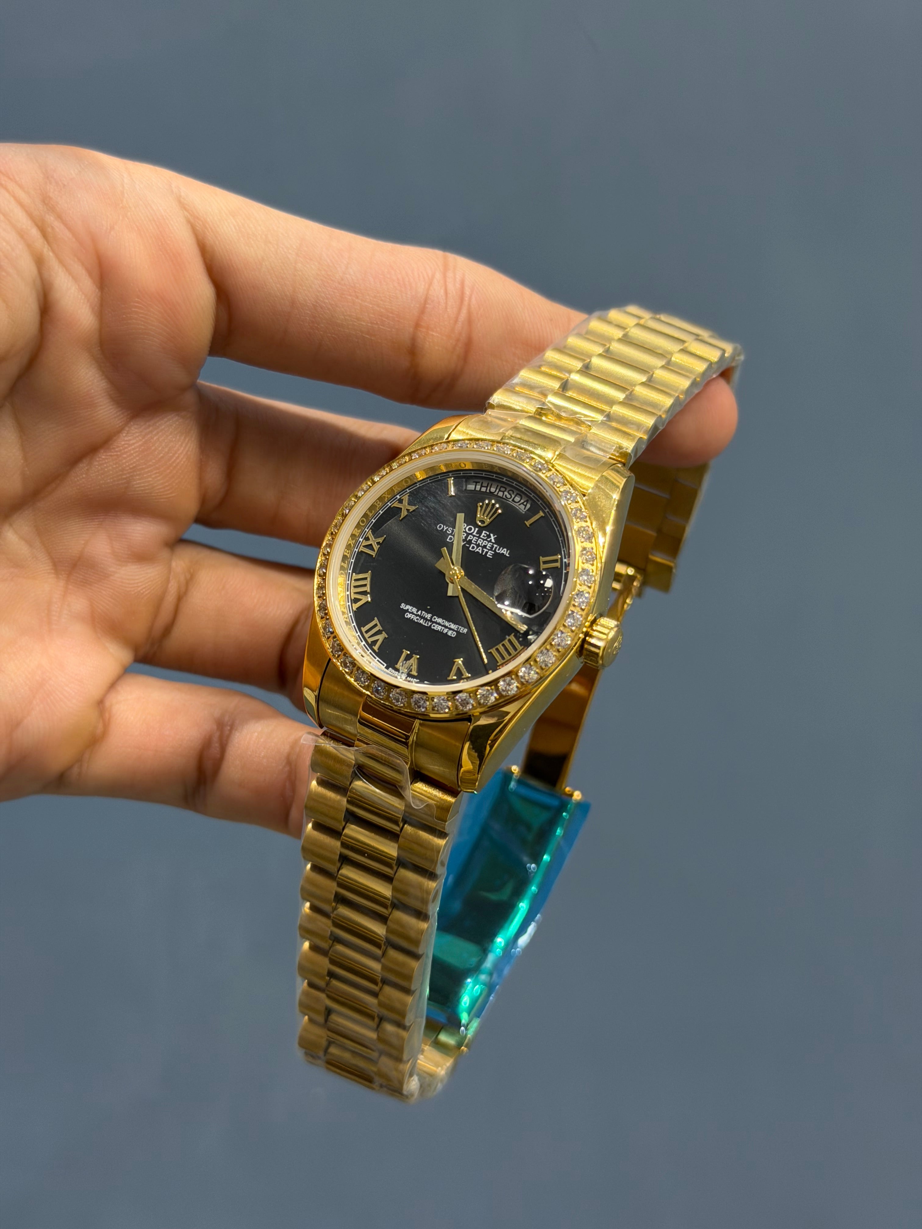NEW COLLECTION 36 GOLD WITH BLACK DIAL STONE BEZZEL AUTOMATIC WATCH YZ FACTORY