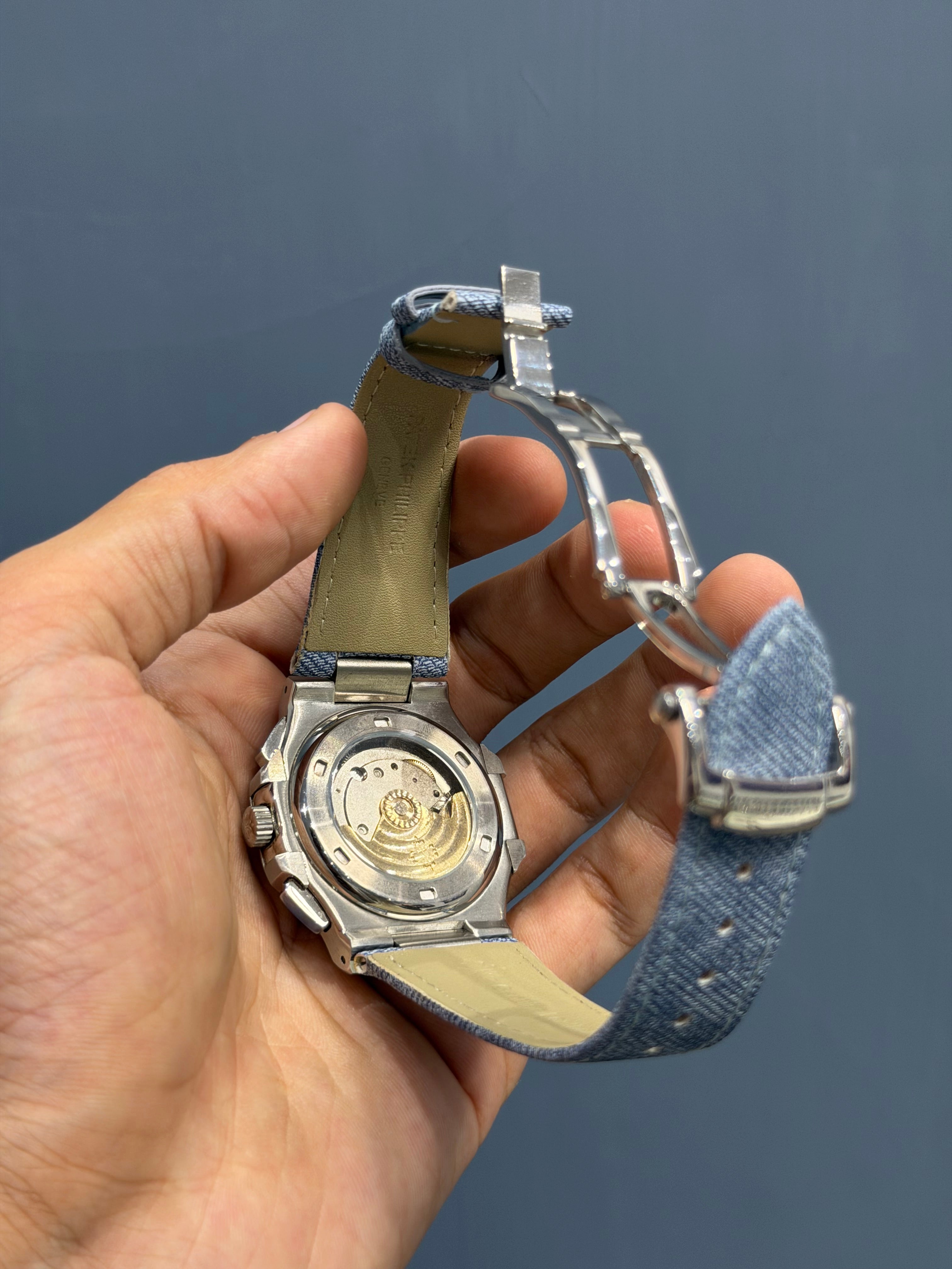 NEW COLLECTION SILVER CASE WITH SKY BLUE DIAL & DENIM STRAP AUTOMATIC WATCH