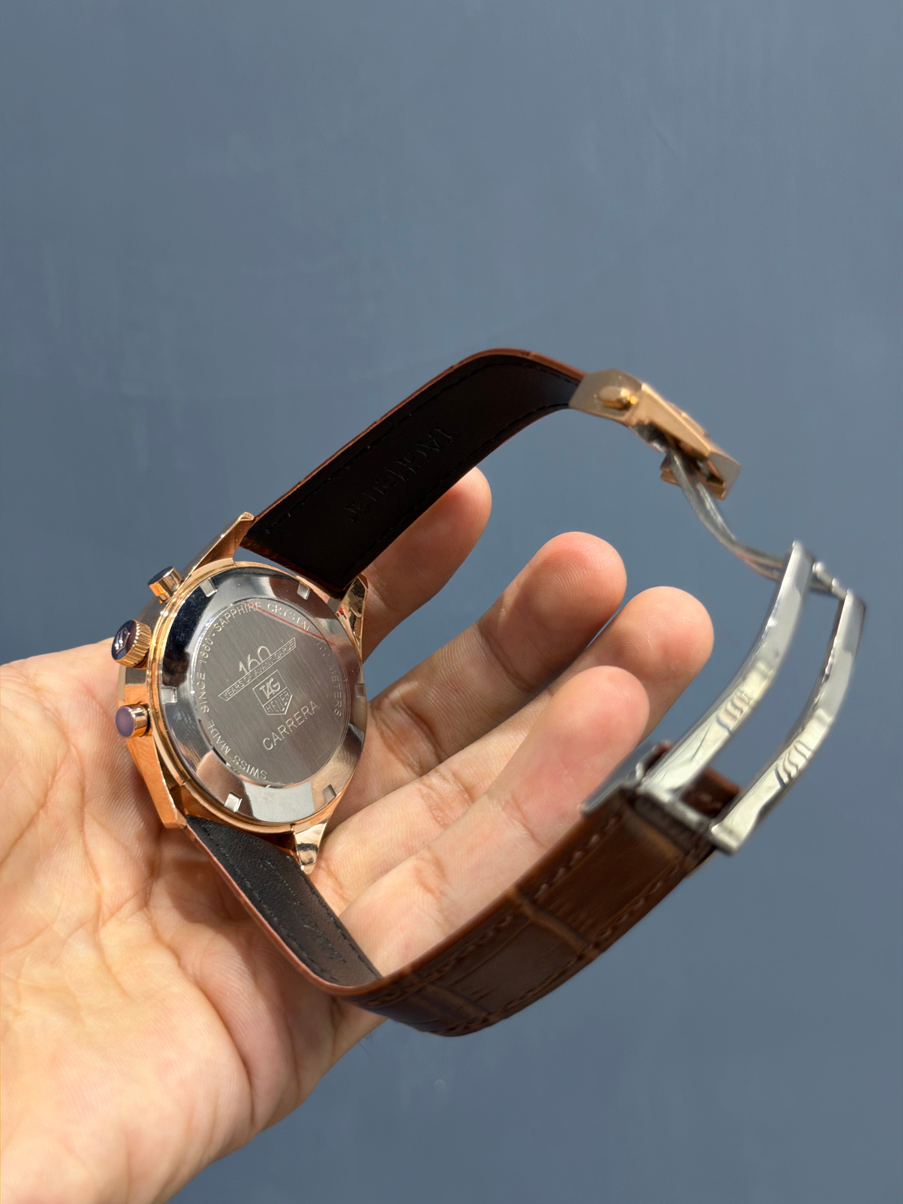 NEW COLLECTION CHRONOGRAPH ROSE CASE WITH WHITE DIAL & BEZEL WITH LEATHER STRAP