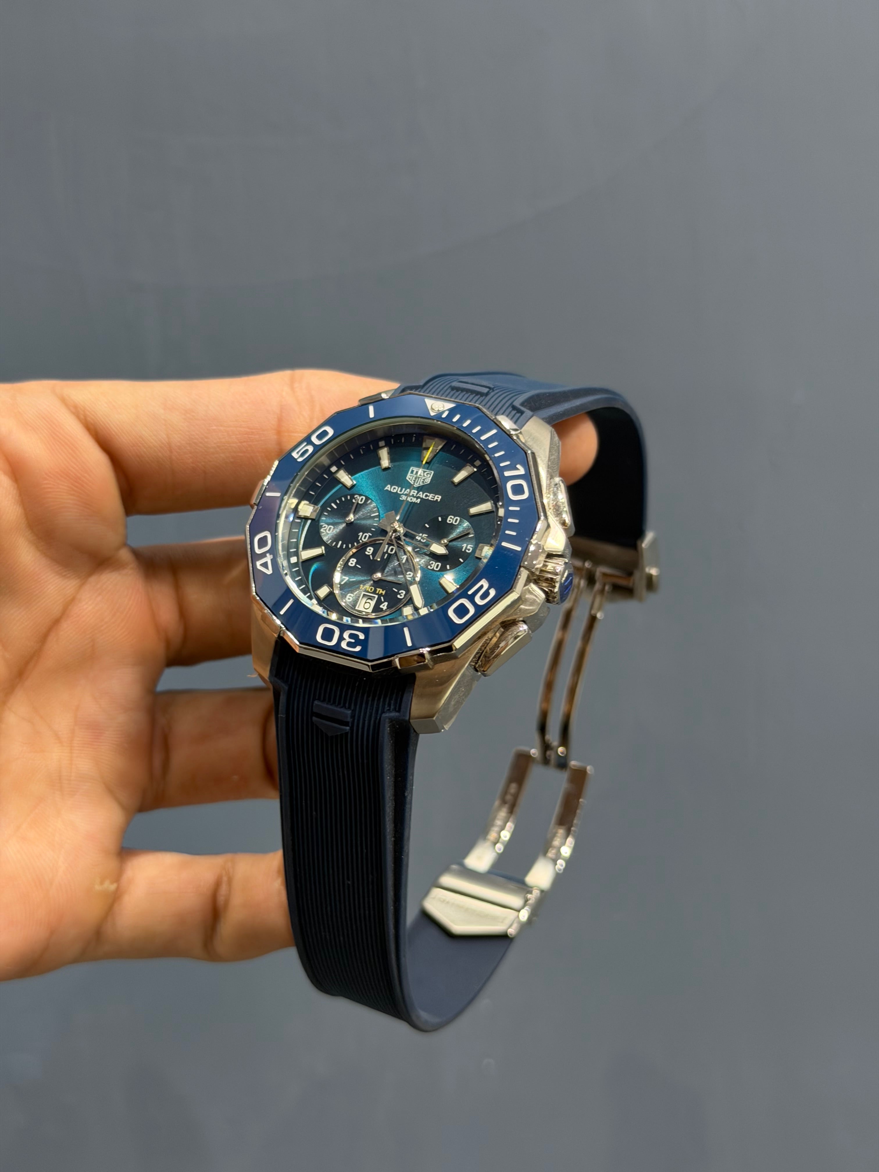 NEW COLLECTION CHRONOGRAPH SILVER CASE BLUE BEZEL & DIAL WITH RUBBER STRAP