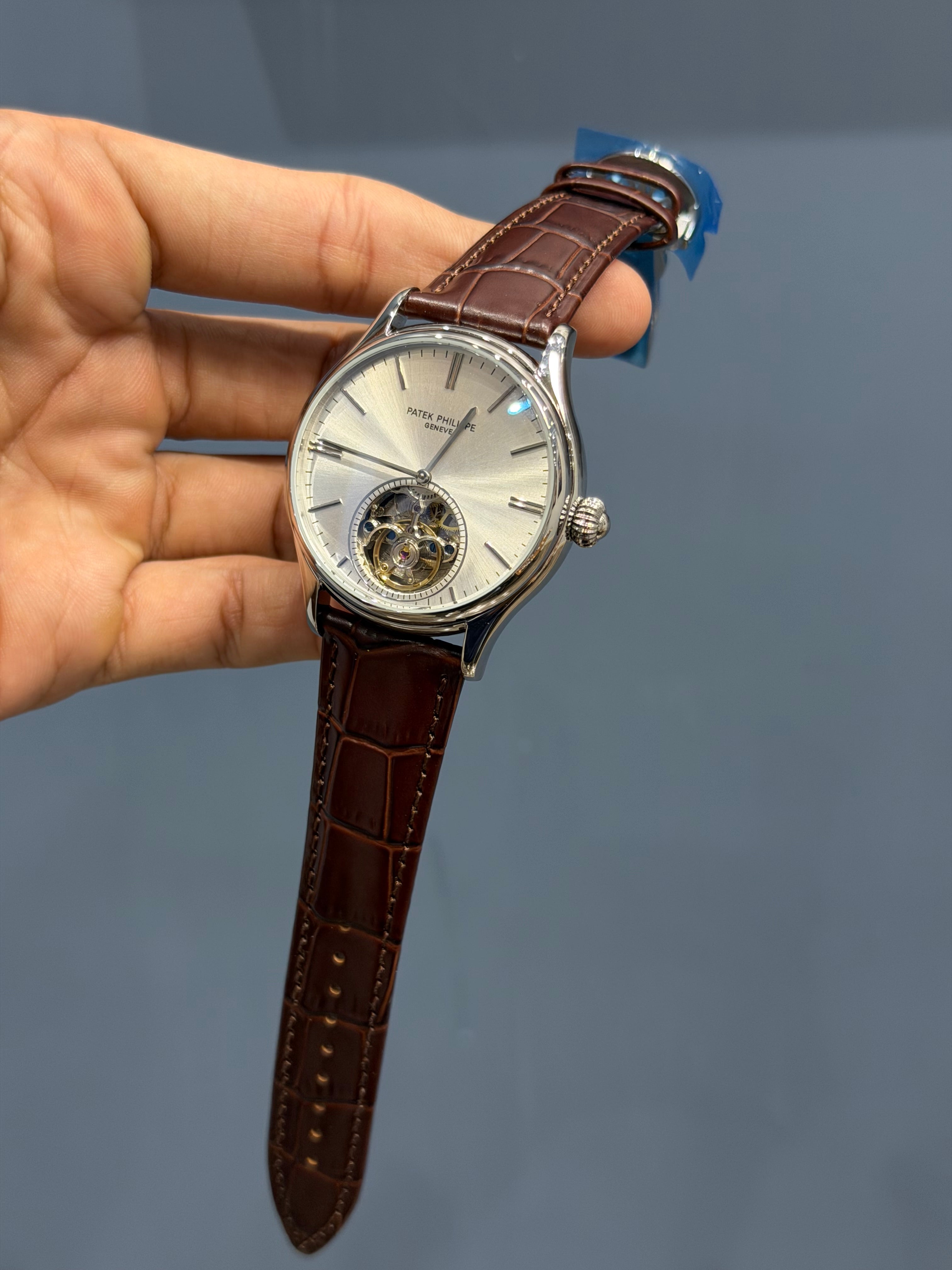 NEW COLLECTION TOURBILLON SILVER CASE WITH WHITE DIAL & BROWN LEATHER STRAP