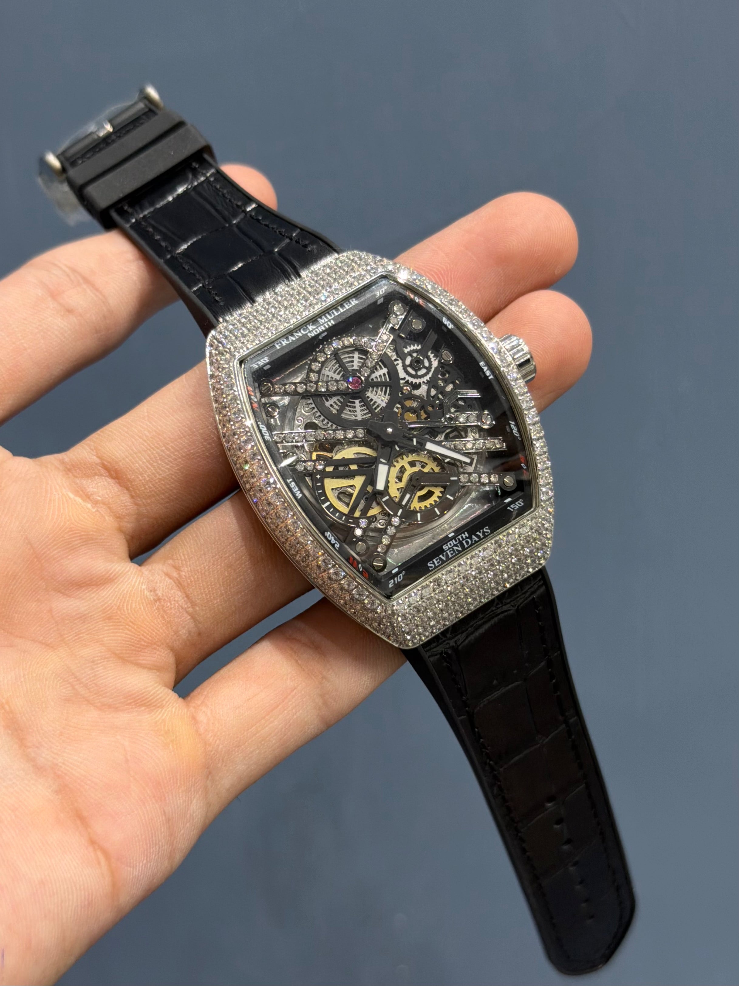 NEW COLLECTION SILVER STONE CASE WITH SKELETON DIAL AND LEATHER STRAP
