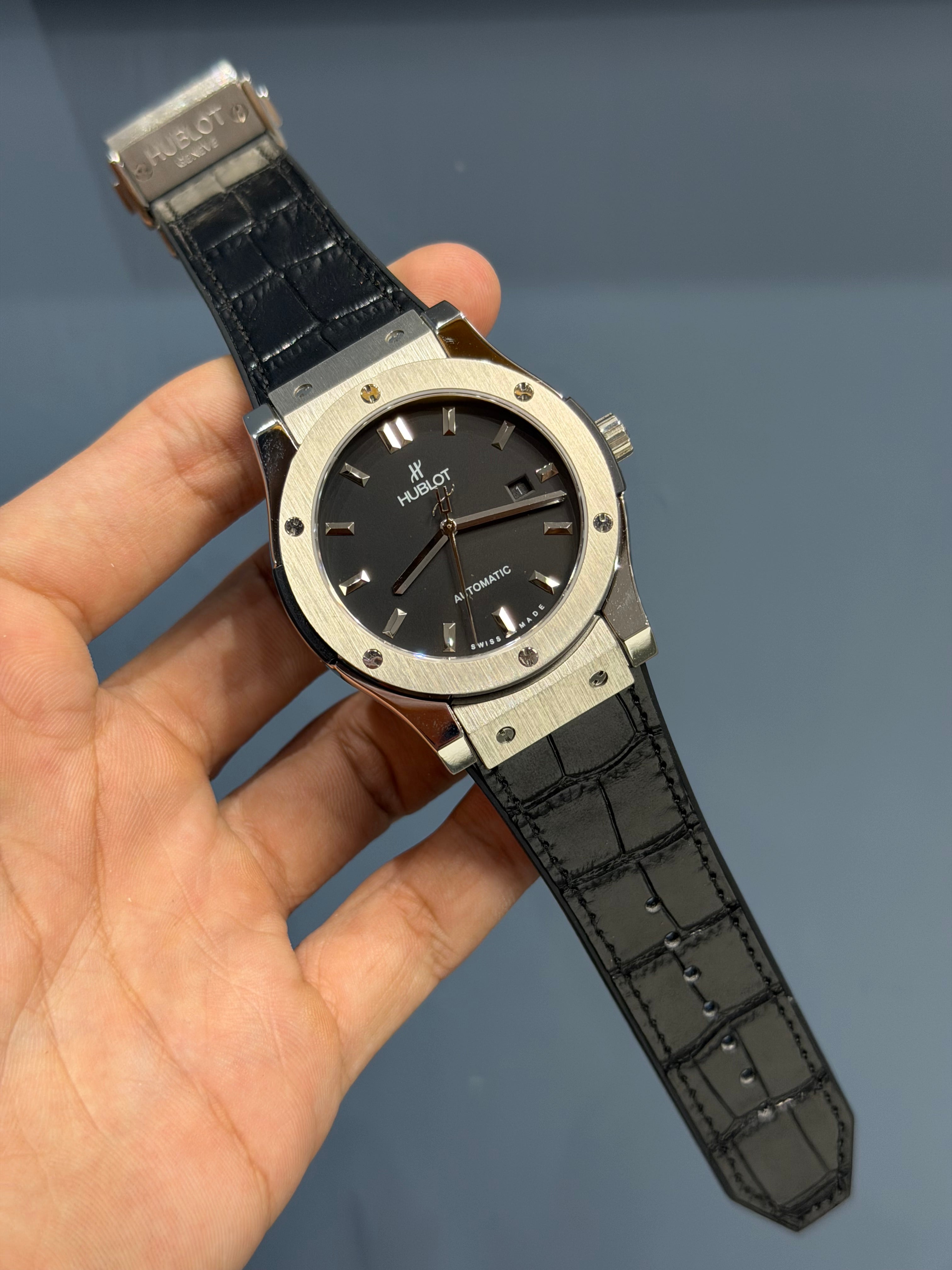NEW COLLECTION SILVER CASE WITH BLACK DIAL & LEATHER STRAP AUTOMATIC WATCH