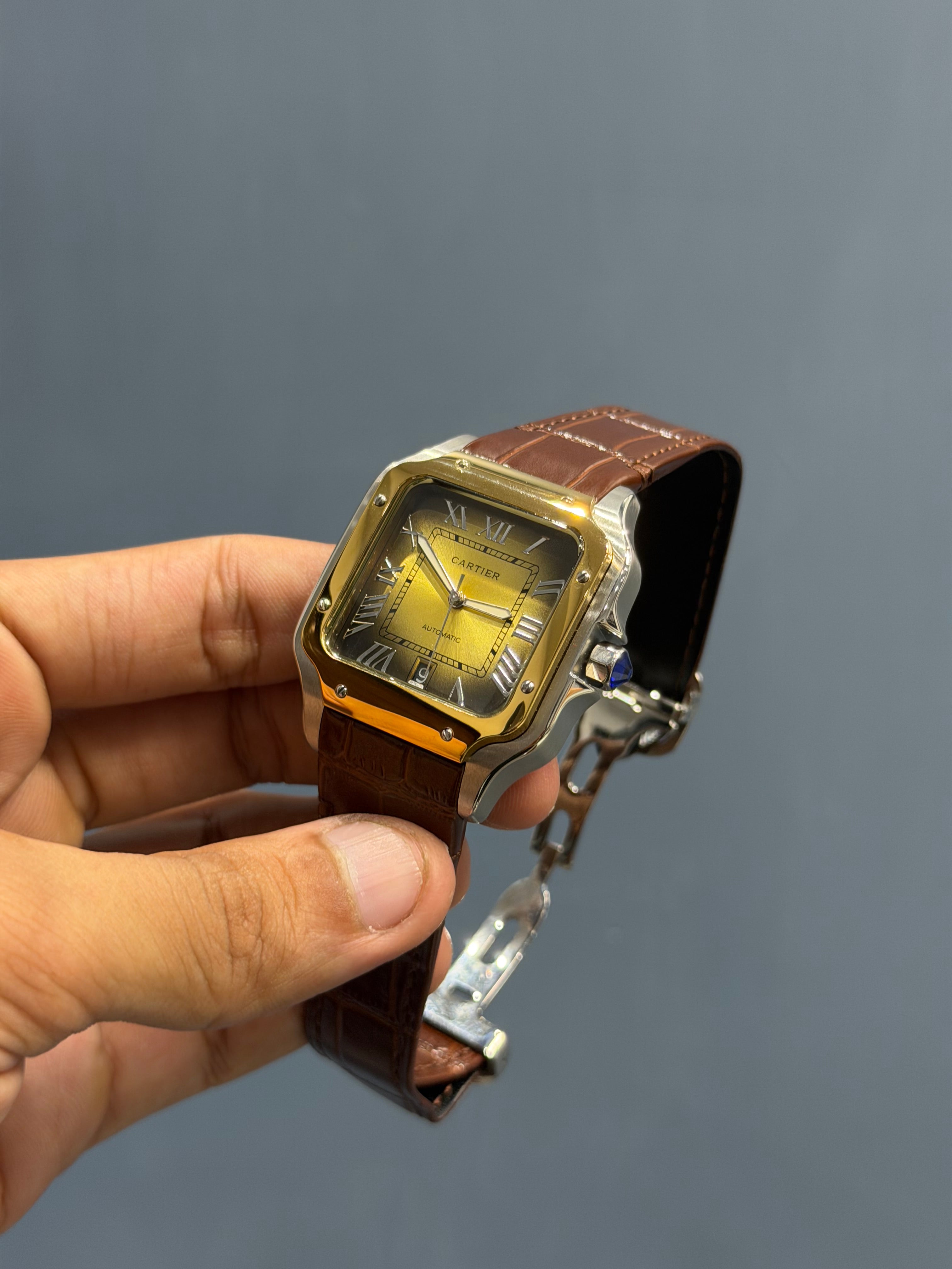 NEW COLLECTION YELLOW TWOTONE  CASE WITH SMOKE DIAL & BROWN LEATHER STRAP