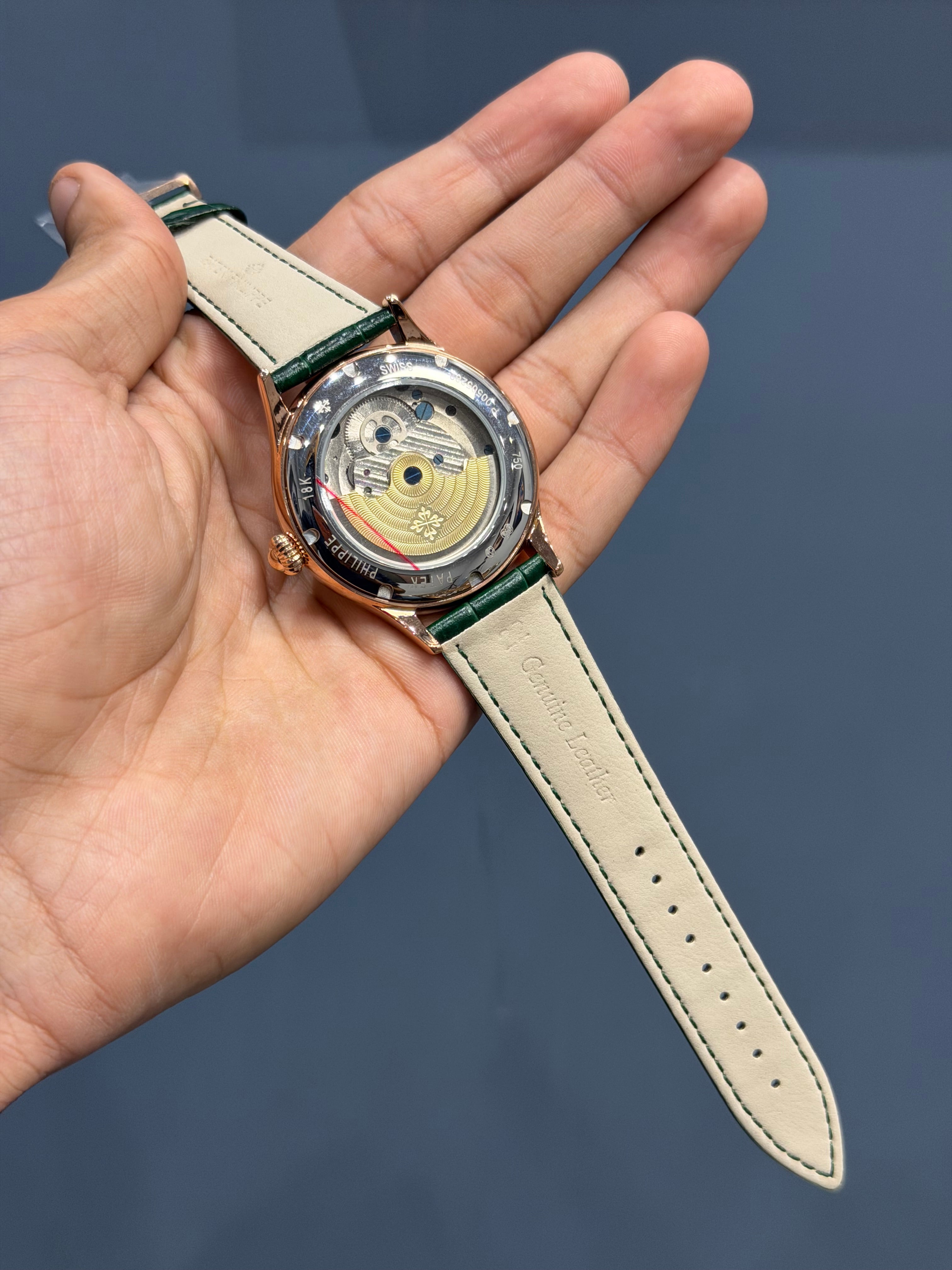 NEW COLLECTION TOURBILLON ROSE CASE WITH GREEN DIAL & GREEN LEATHER STRAP