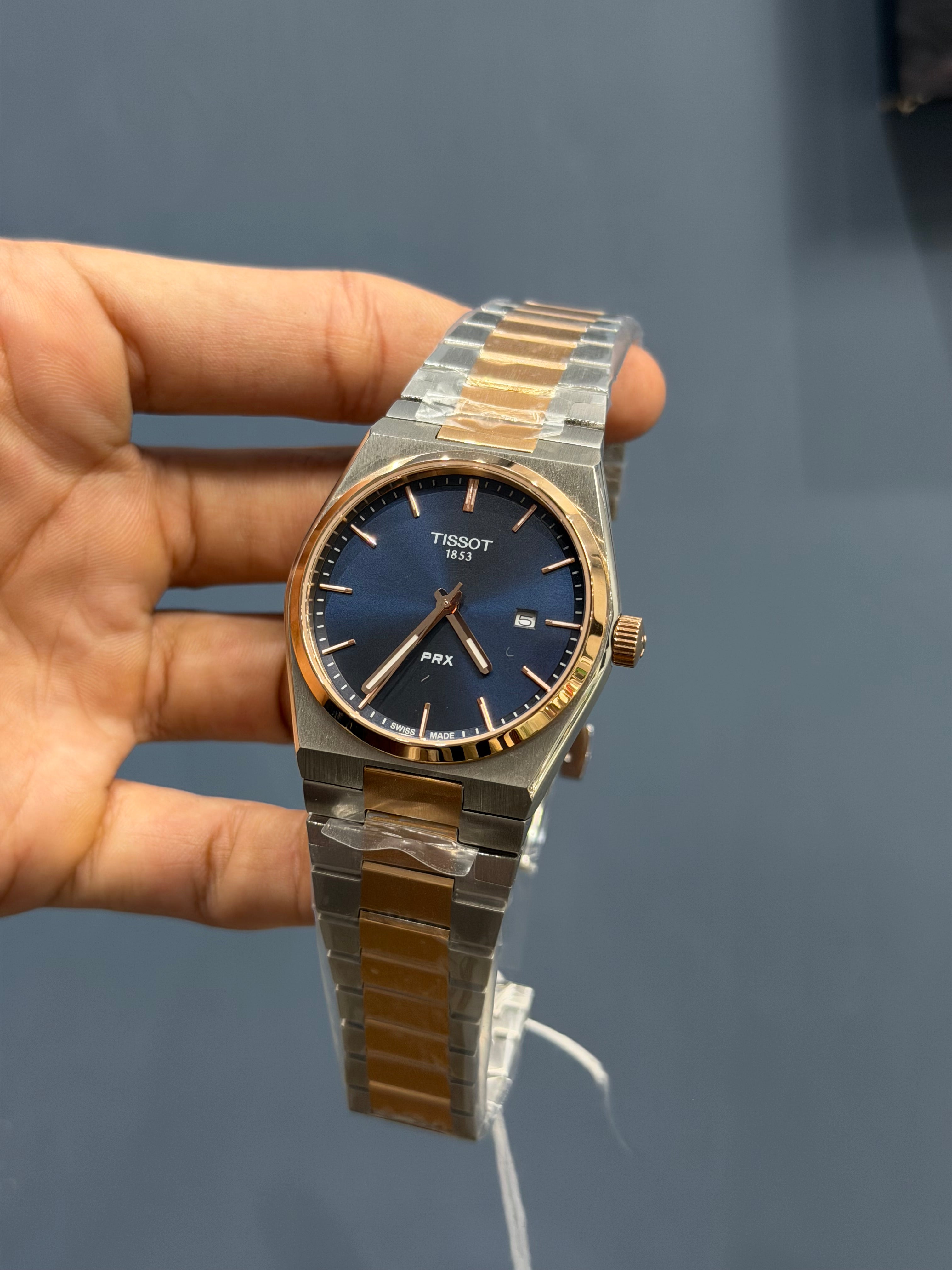 NEW COLLECTION TWOTONE ROSE & BLUE PLAIN DIAL STAINLESS STEEL QUARTZ WATCH