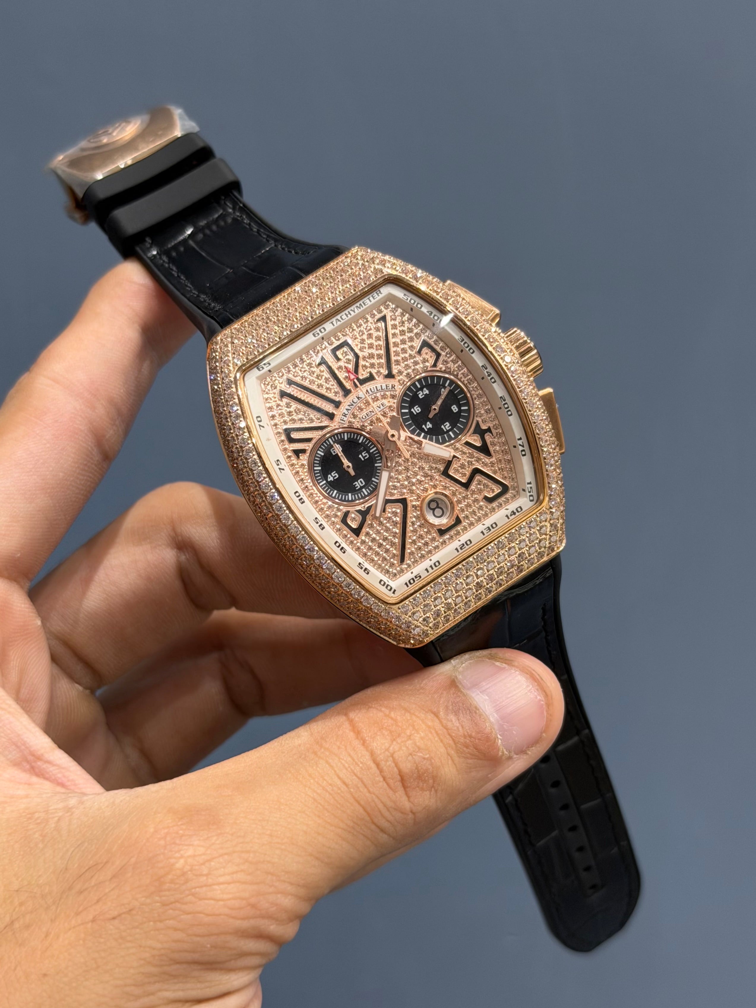 NEW COLLECTION CHRONOGRPAH ROSE GOLD STONE CASE & DIAL WITH BLACK LEATHER STRAP