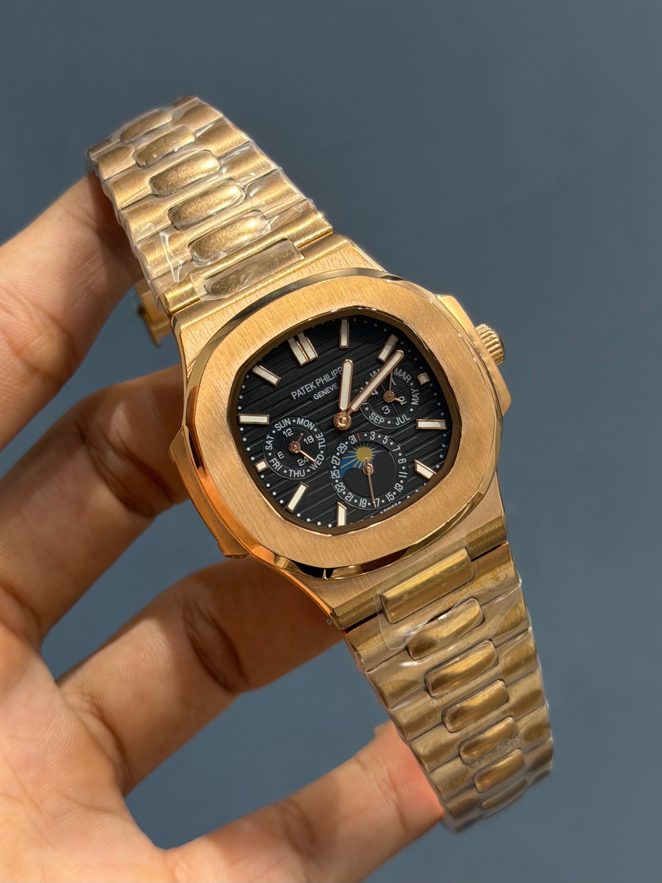 NEW COLLECTION MOON PHASE CHRONOGRAPH ROSE CASE WITH BLACK DIAL AUTOMATIC WATCH