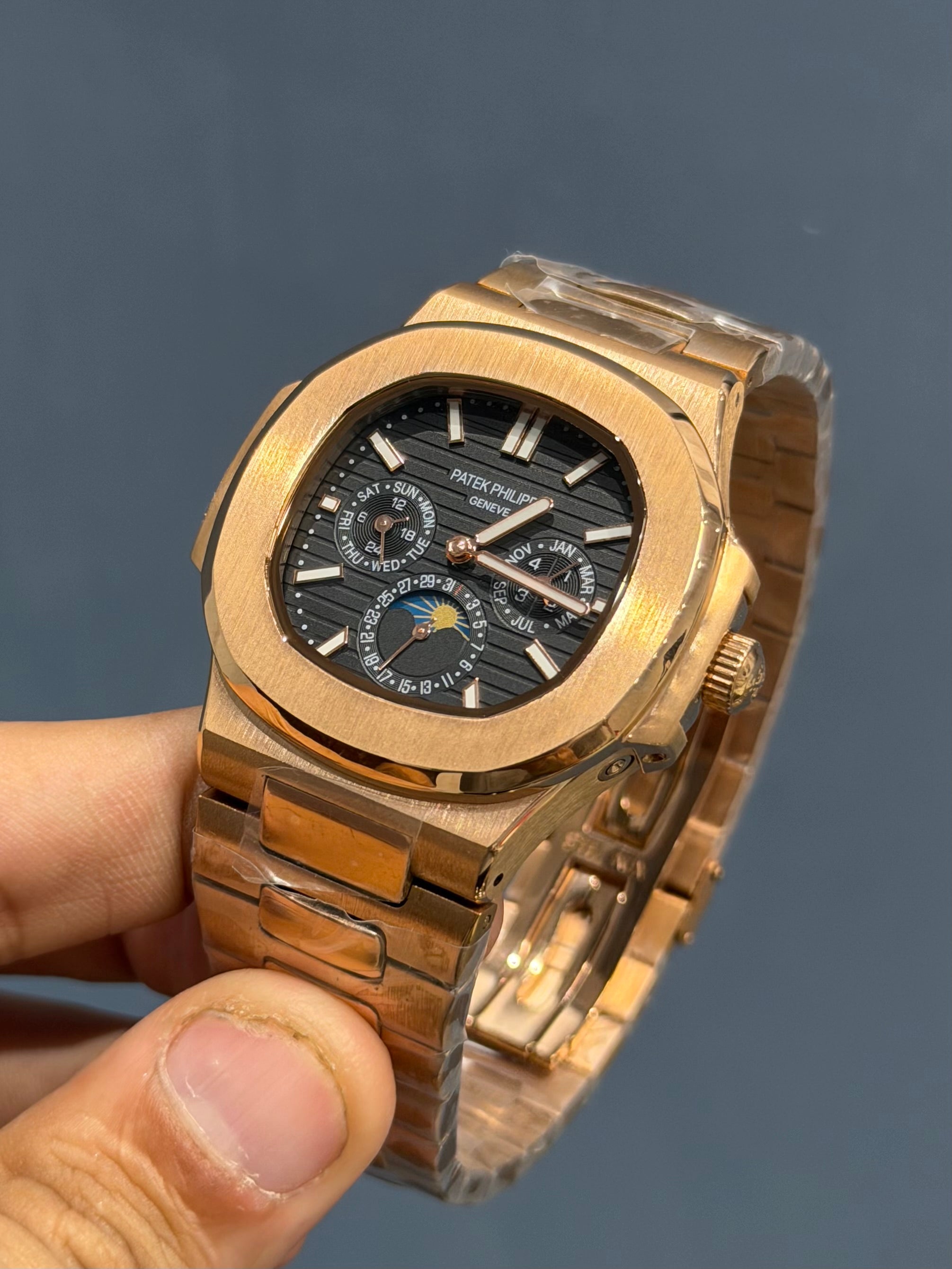 NEW COLLECTION MOON PHASE CHRONOGRAPH ROSE CASE WITH BLACK DIAL AUTOMATIC WATCH