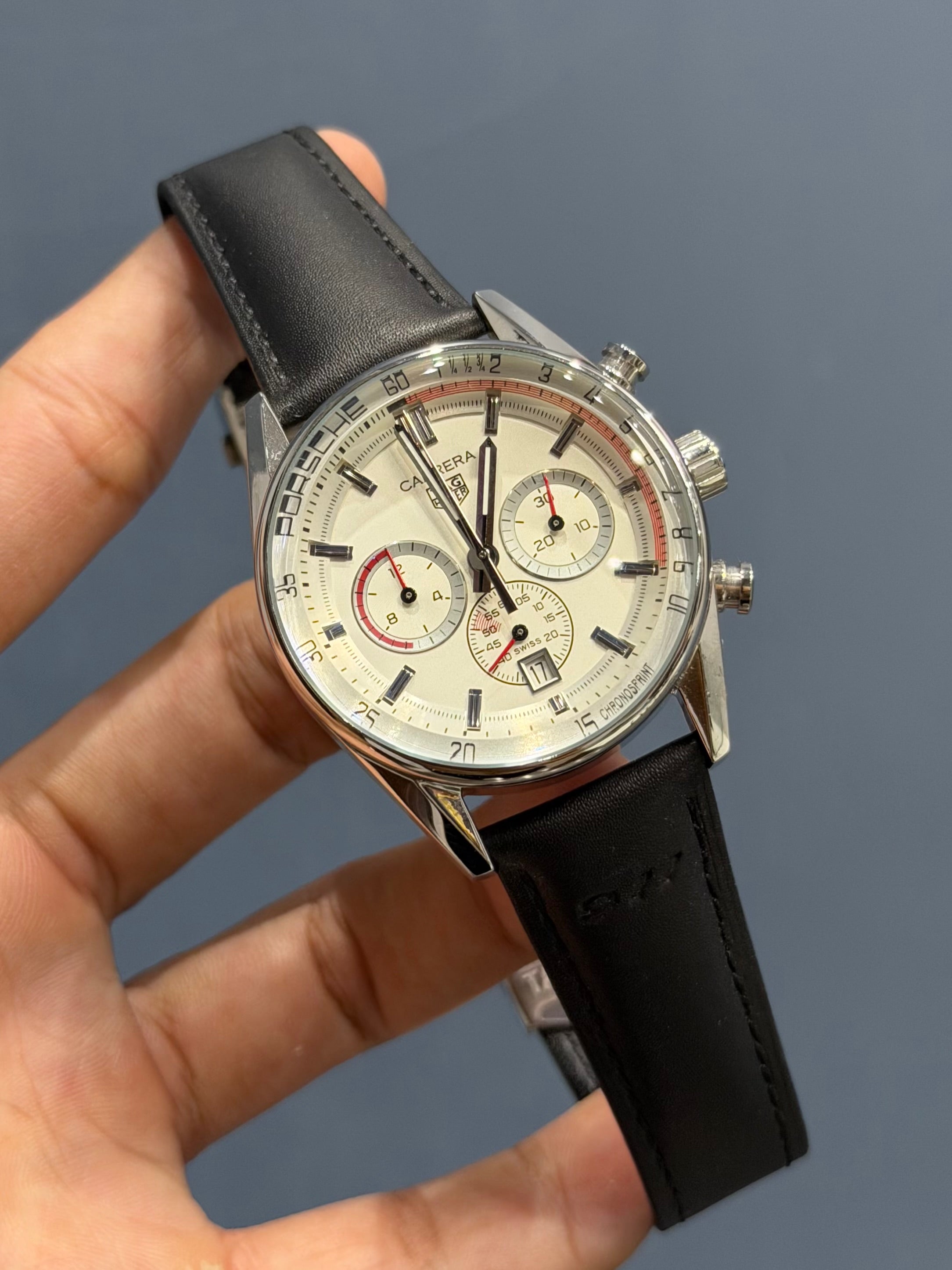 NEW COLLECTION CHRONOGRAPH SILVER WITH WHITE DIAL BLACK LEATHER STRAP