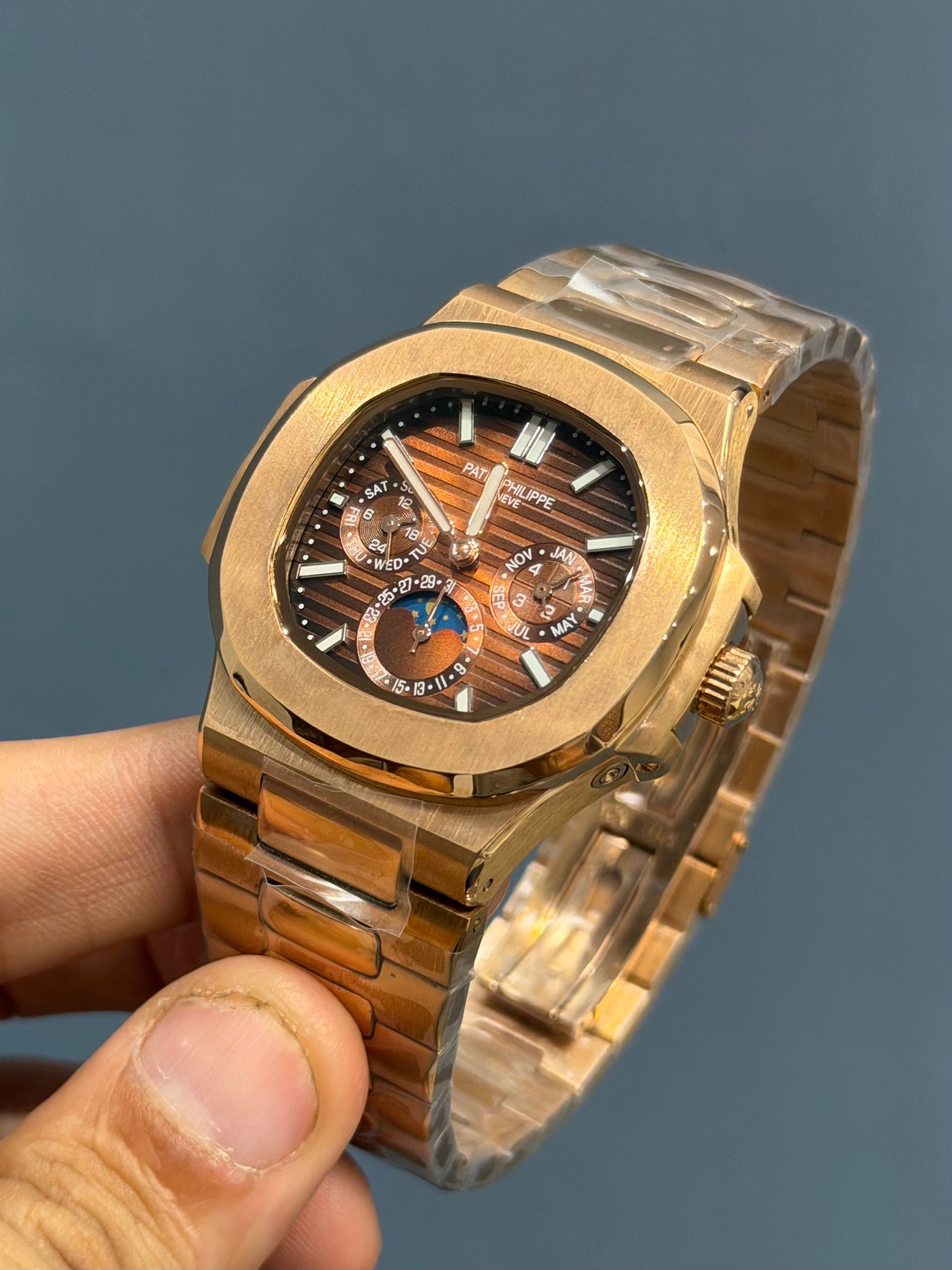 NEW COLLECTION MOON PHASE CHRONOGRAPH ROSE CASE WITH BROWN DIAL AUTOMATIC WATCH