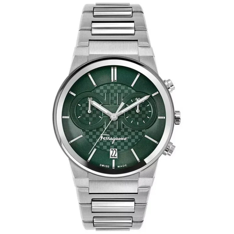 Ferragamo Sapphire Silver Stainless Steel Green Dial Chronograph Quartz Watch For Gents - Sfme00421