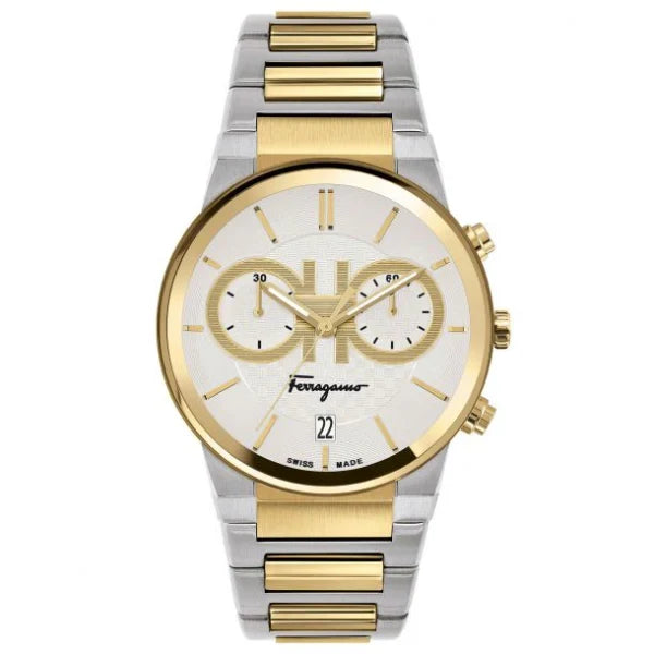 Ferragamo Sapphire Two-Tone Stainless Steel White Dial Chronograph Quartz Watch For Gents - Sfme00821