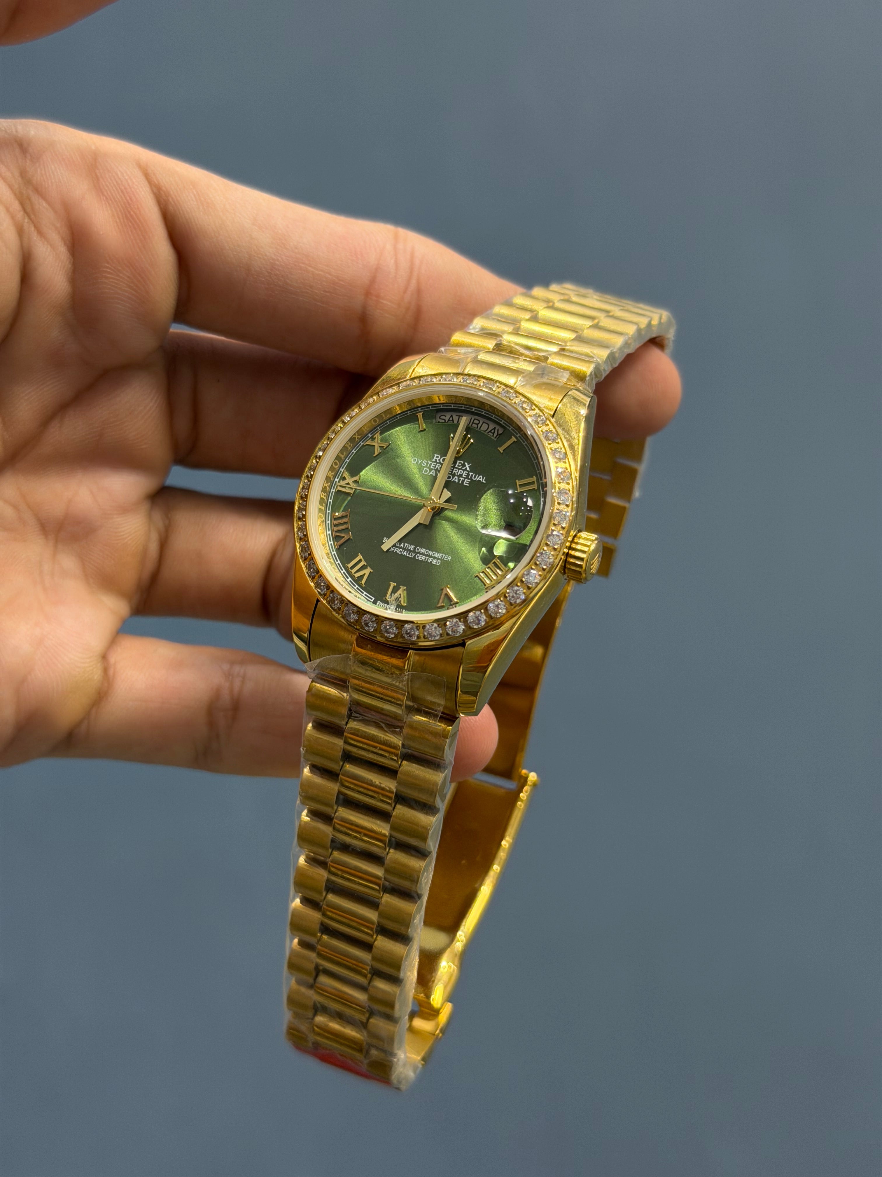NEW COLLECTION 36 l GOLD WITH GREEN DIAL STONE BEZZEL AUTOMATIC WATCH YZ FACTORY