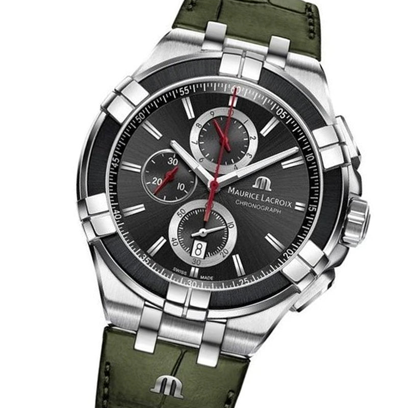 Maurice Lacroix Men’s Quartz Swiss Made Green Leather Strap Black Dial 44mm Watch AI1018-PVB21-3301