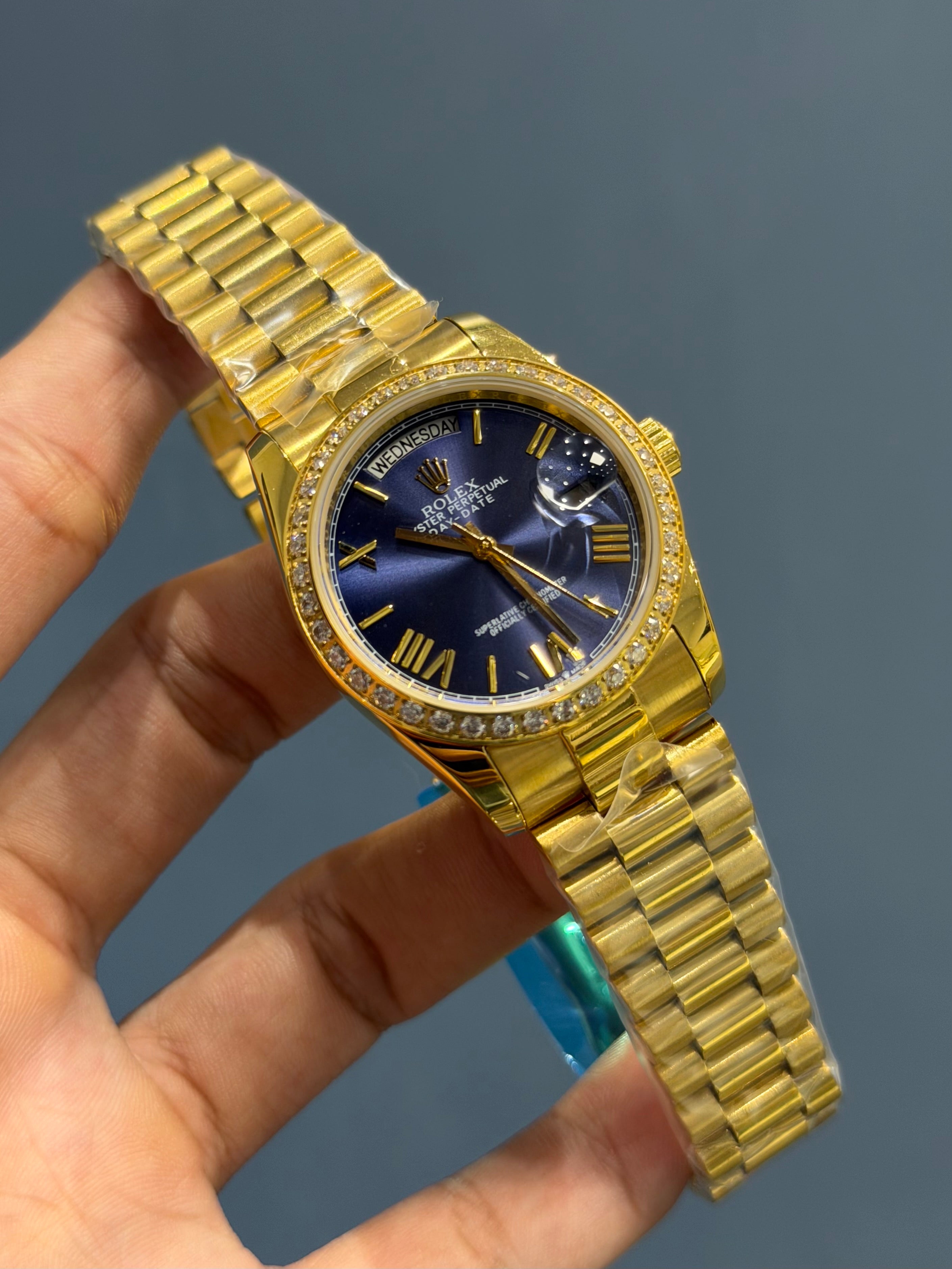 NEW COLLECTION 36 GOLD WITH BLUE DIAL STONE BEZEL AUTOMATIC WATCH YZ FACTORY